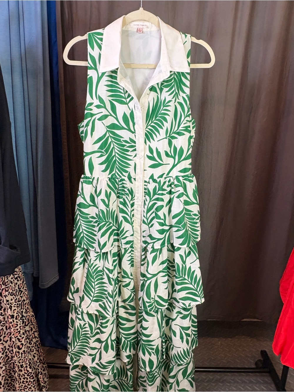Flying Tomato White Tiered Dress with Green Leaf Print and White Collar